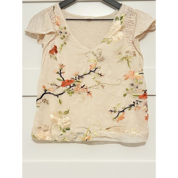 Anthropologie Tiny Flutter-Sleeve Embroidered Floral Top Size XS - Picture 4 of 8